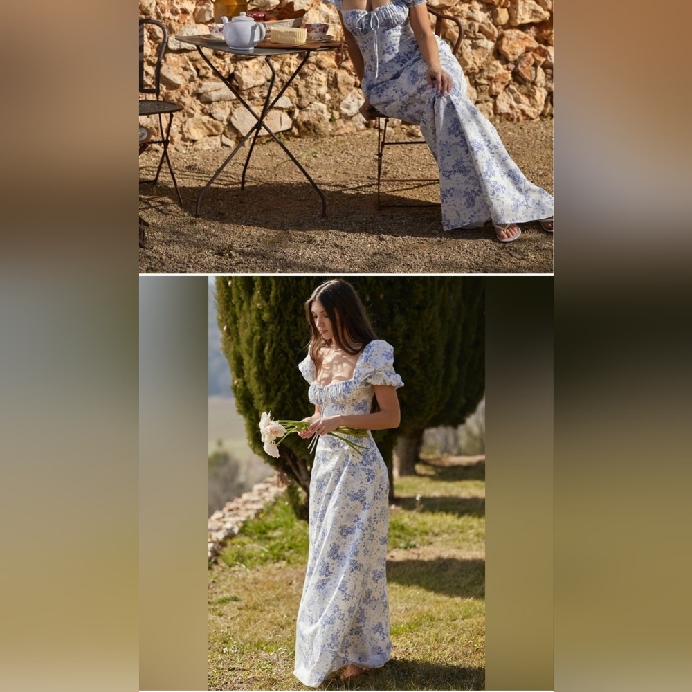 HOUSE OF CB Felizia Blue Print Puff Sleeve Sundress S
